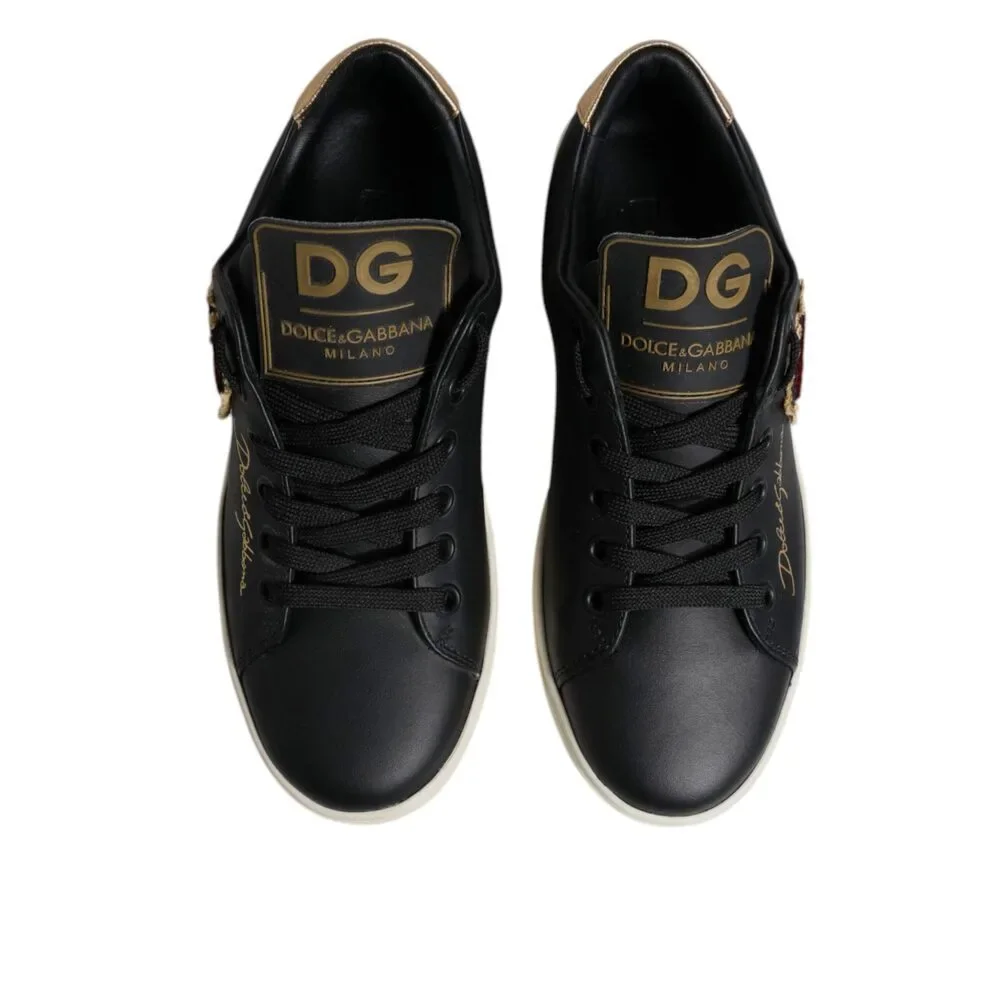 Dolce & Gabbana Black Leather Gold Red Heart Sneakers Shoes - Picture 3 of 9